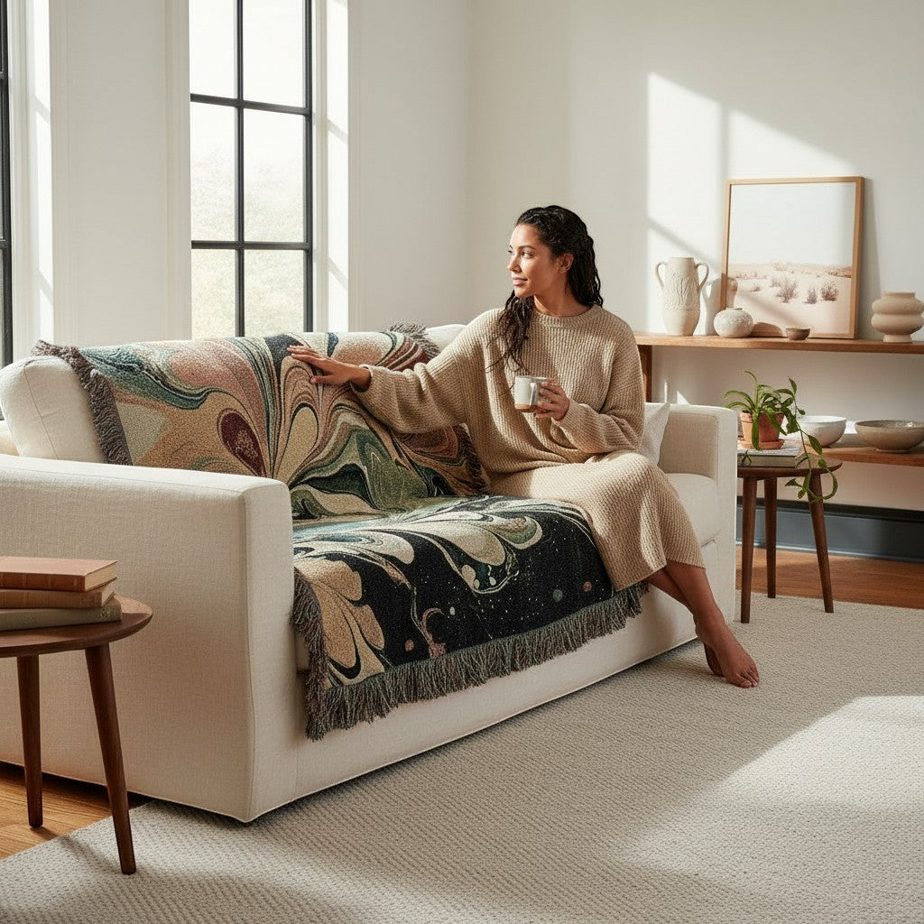 Kök Stüdyo abstract marbling woven throw blanket in black, white, green, and pink on a cream sofa.