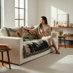 Kök Stüdyo abstract marbling woven throw blanket in black, white, green, and pink on a cream sofa.