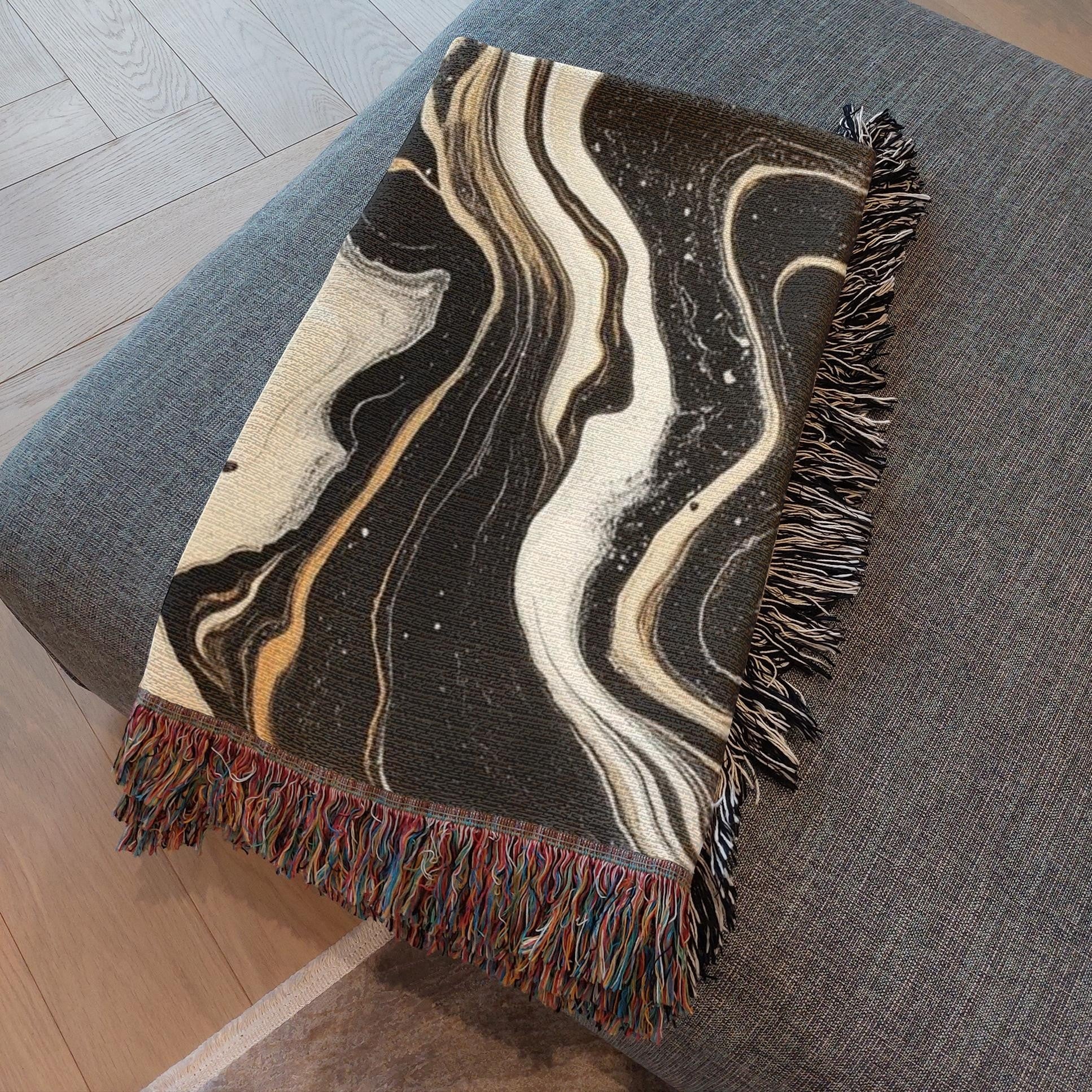 Kök Stüdyo abstract black and white Ebru marbling woven cotton throw blanket with fringe detail.