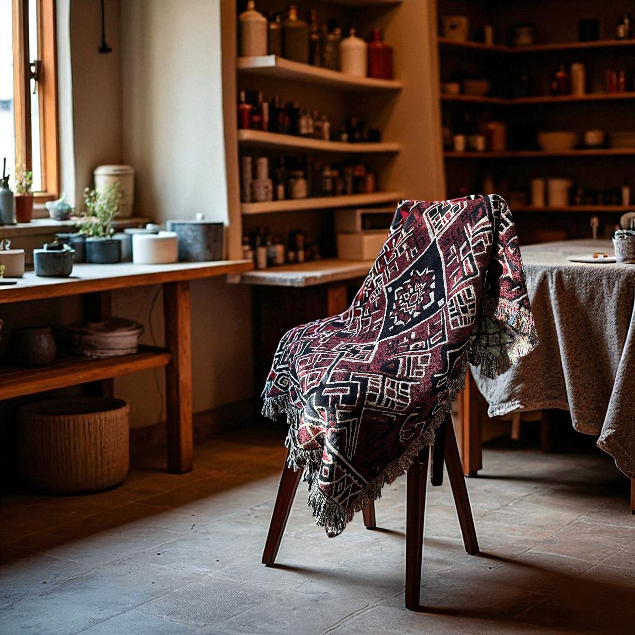Kök Stüdyo Moroccan Berber-inspired woven blanket in deep red, black, and cream geometric pattern with fringe detail.