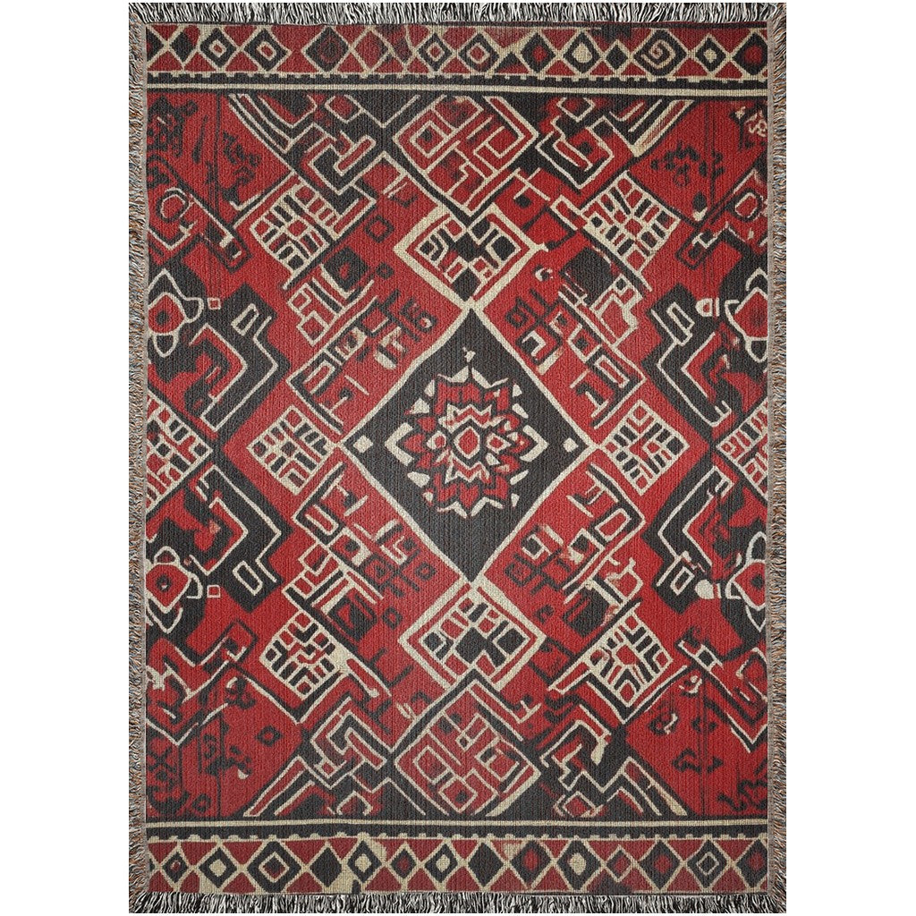 Kök Stüdyo Moroccan Berber-inspired woven blanket in red, black, and cream with geometric patterns and textured weave.