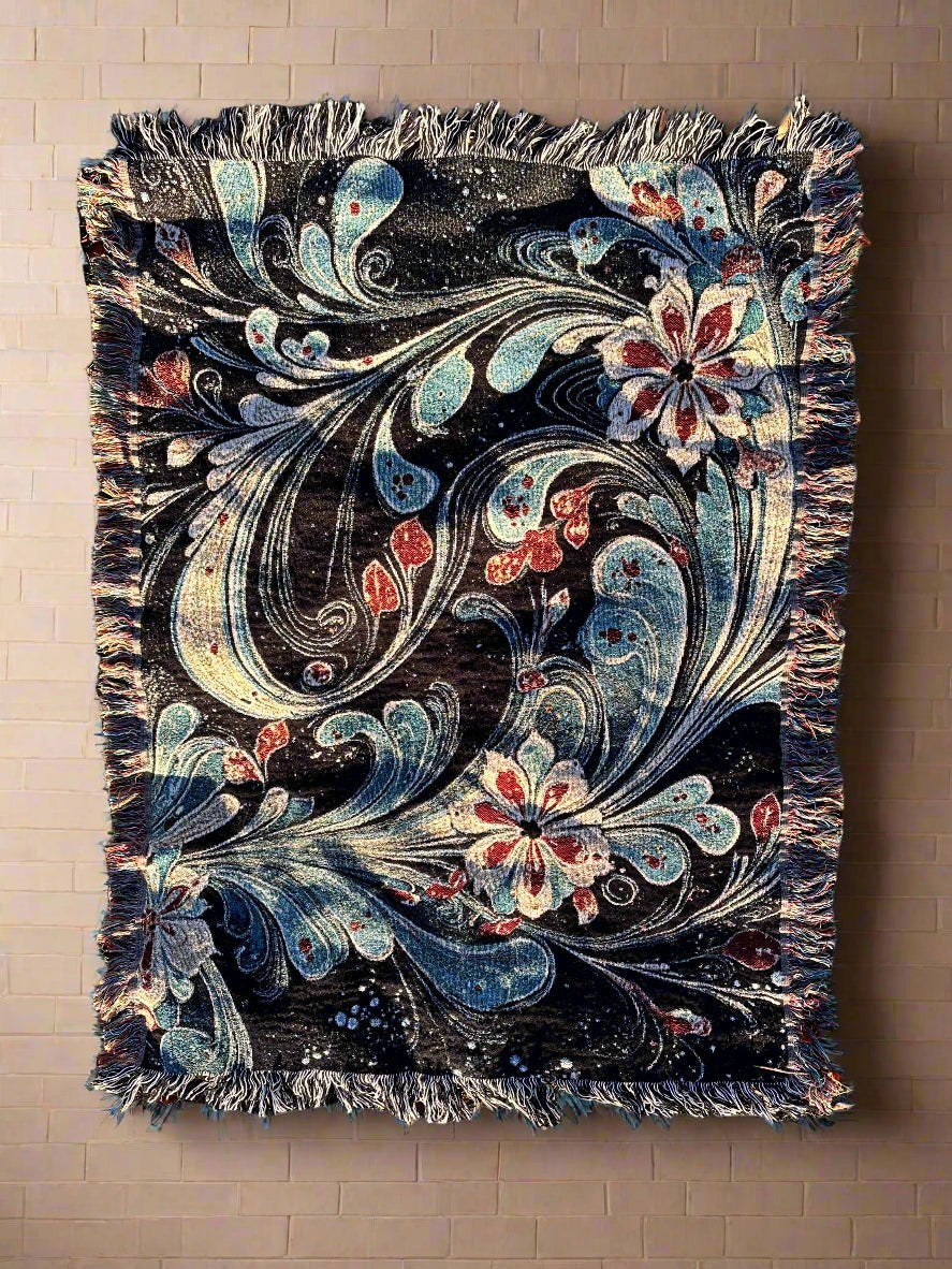 Kök Stüdyo Gothic Floral woven throw blanket in cotton, featuring a traditional Turkish marbling design with blue, red, and cream floral patterns.