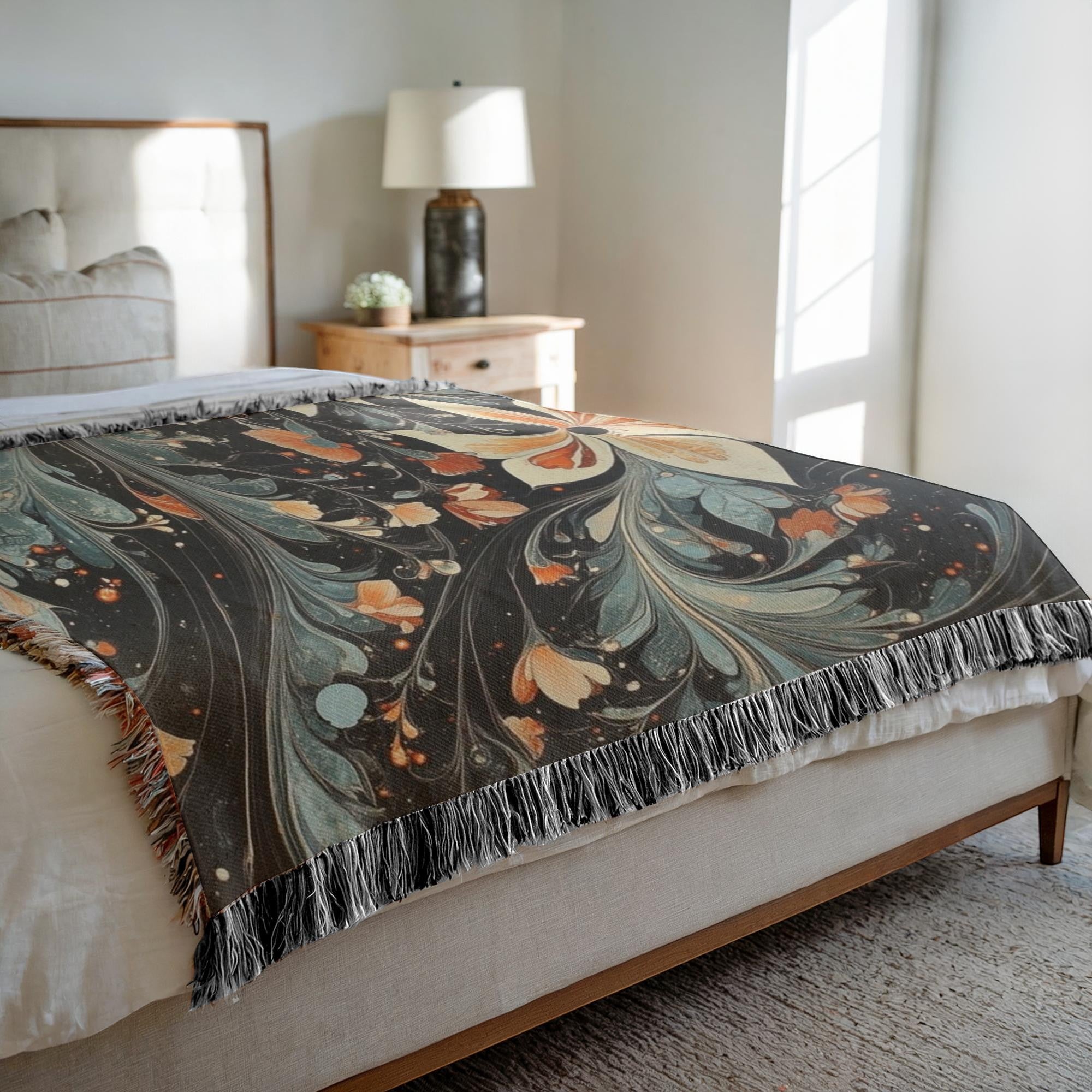 Kök Stüdyo Gothic Floral woven throw blanket in cotton, featuring a Turkish marbling design with orange and teal floral motifs.