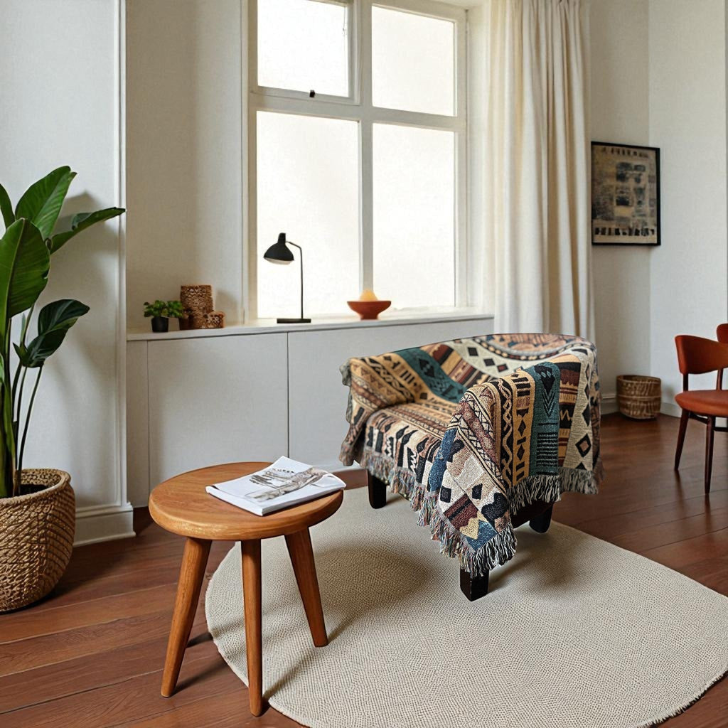Kök Stüdyo Ndebele-inspired woven throw blanket with geometric patterns in tan, blue, and rust on an armchair.