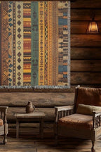 Kök Stüdyo woven throw blanket with Ndebele-inspired geometric patterns in earthy tones and vibrant accents. Cotton blend.