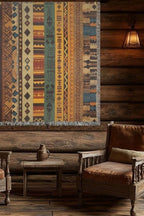 Kök Stüdyo Ndebele inspired woven throw blanket with geometric patterns in earthy tones and vibrant accents. Cotton blend.