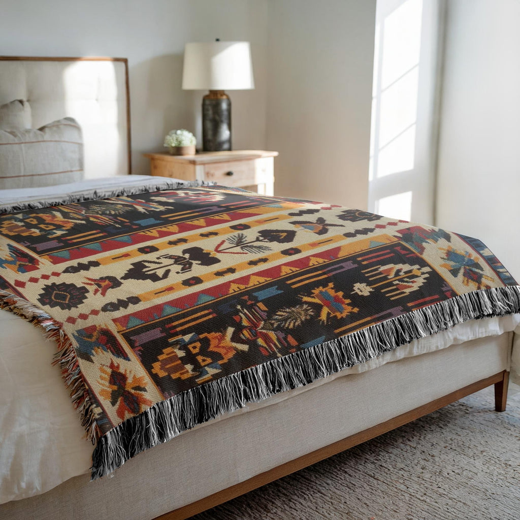 Kök Stüdyo Seminoles woven throw blanket with Native American geometric patterns in cream, black, red, gold, and turquoise. Pure cotton jacquard with fringe.