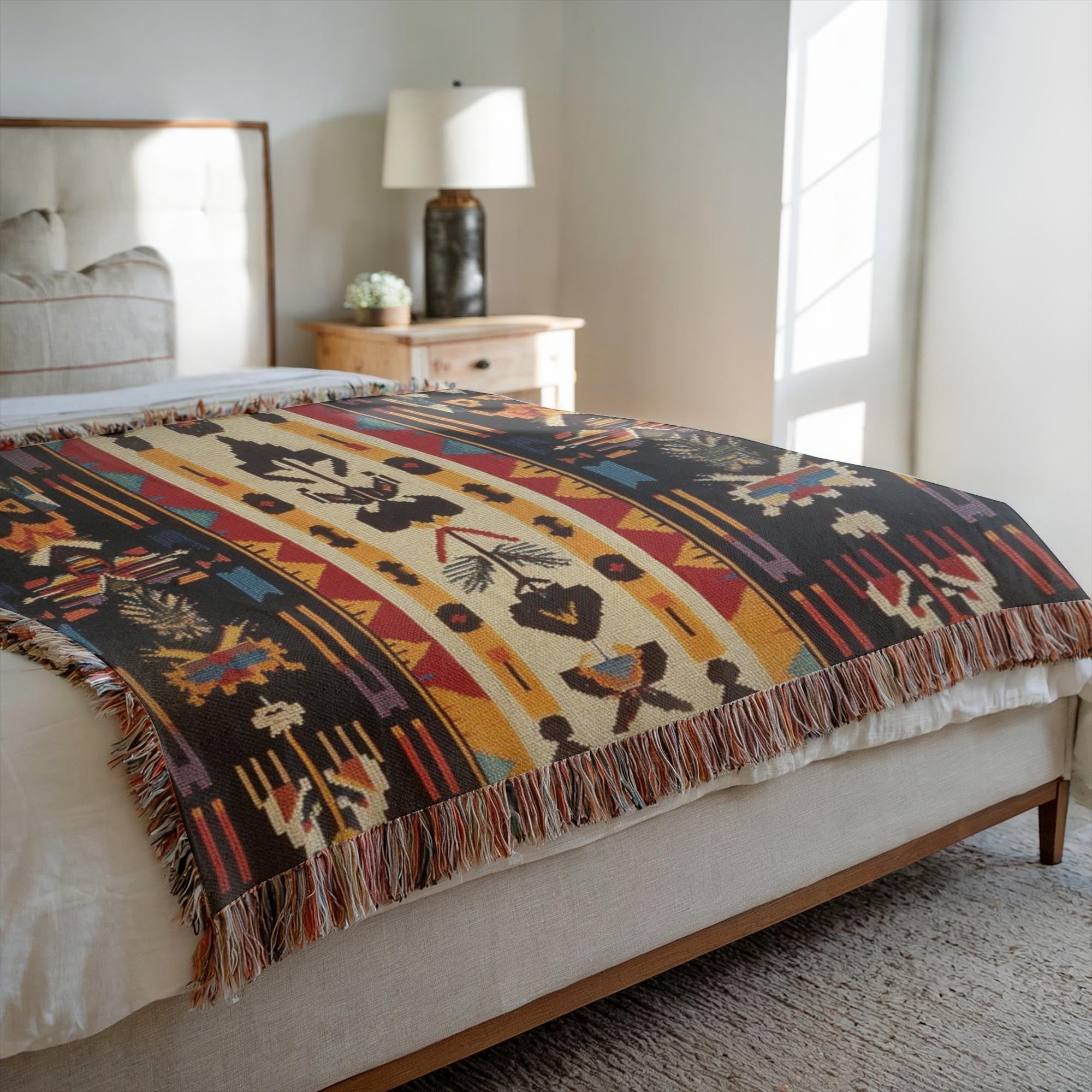 Kök Stüdyo Seminoles woven throw blanket with Native American geometric patterns in cream, black, red, gold, and turquoise. Pure cotton jacquard.