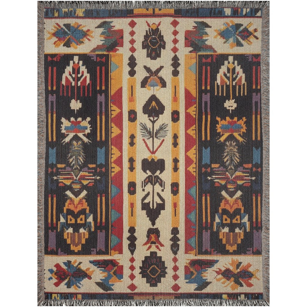Kök Stüdyo Seminoles woven throw blanket with Native American geometric patterns in cream, black, red, gold, and turquoise. Pure cotton jacquard.