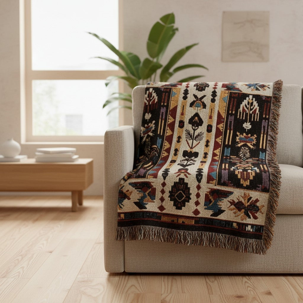 Kök Stüdyo Seminoles woven throw blanket with Native American geometric patterns in cream, black, red, gold, and turquoise. Pure cotton jacquard.