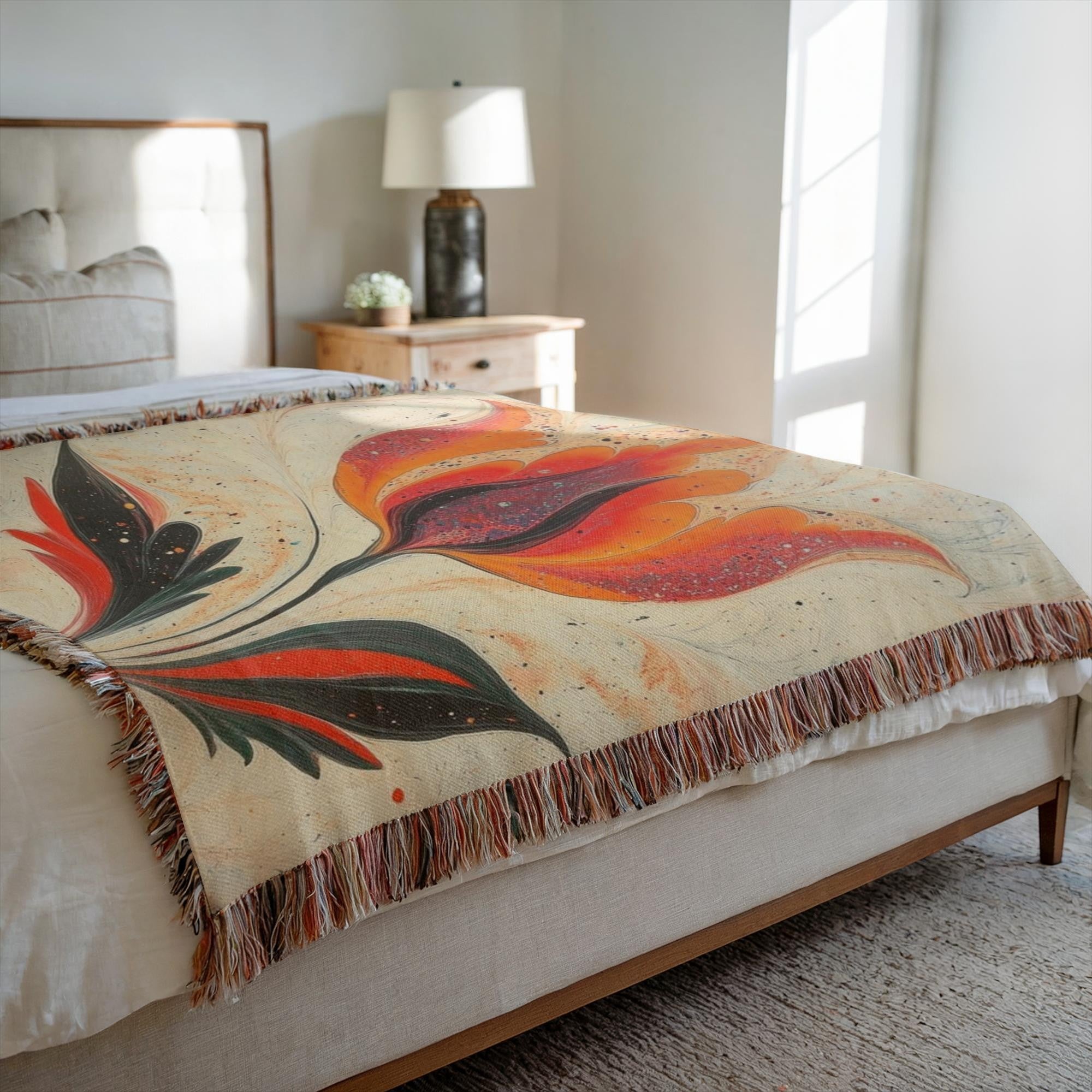Kök Stüdyo woven throw blanket with a vibrant orange and red tulip design inspired by Turkish marbling art, made of 100% cotton.
