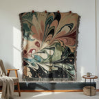 Kök Stüdyo abstract colorful Turkish marbling woven throw blanket in pure cotton, featuring swirling patterns in black, cream, green, and burgundy.