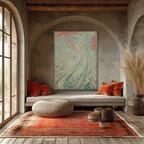 Kök Stüdyo woven cotton blanket with abstract pastel marbling art in blue, pink, and cream.