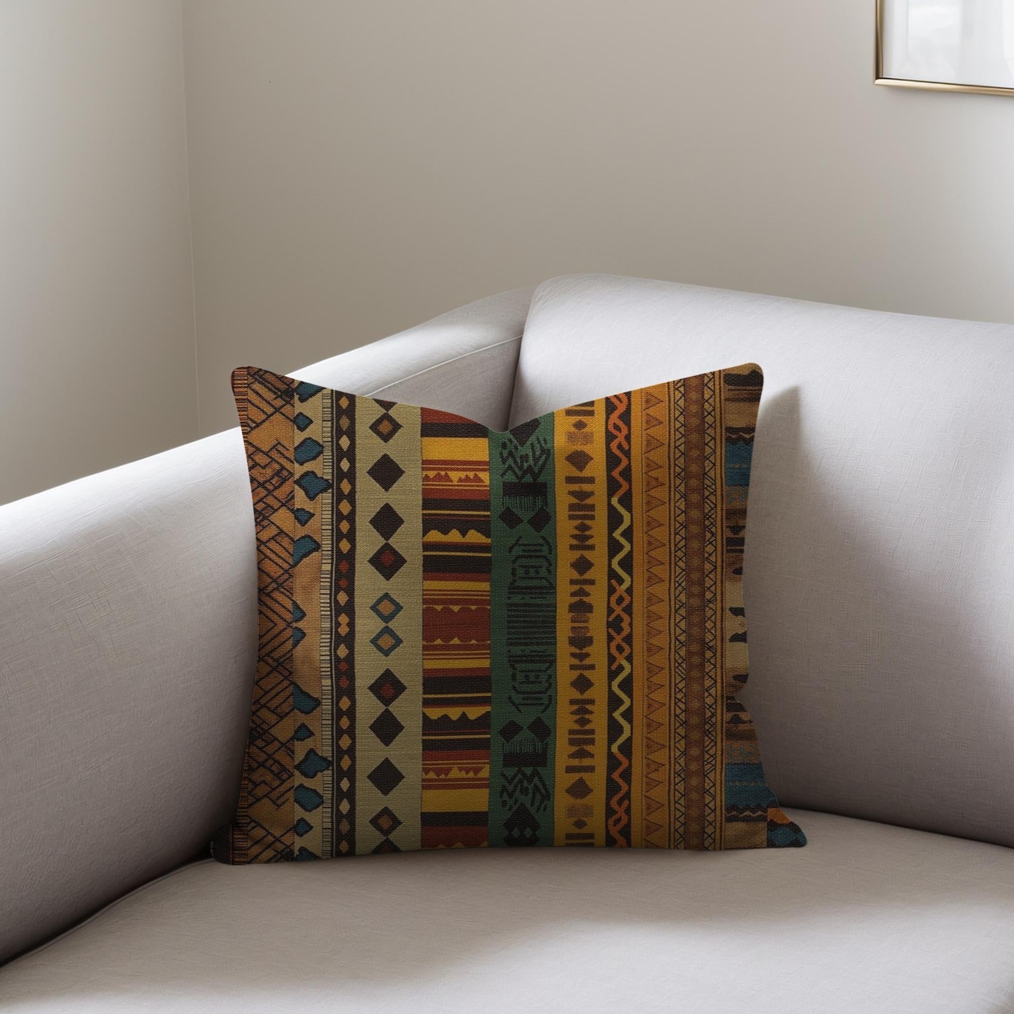 Kök Stüdyo African Ndelebe pattern woven throw pillow with geometric designs in earthy tones on a cream sofa.