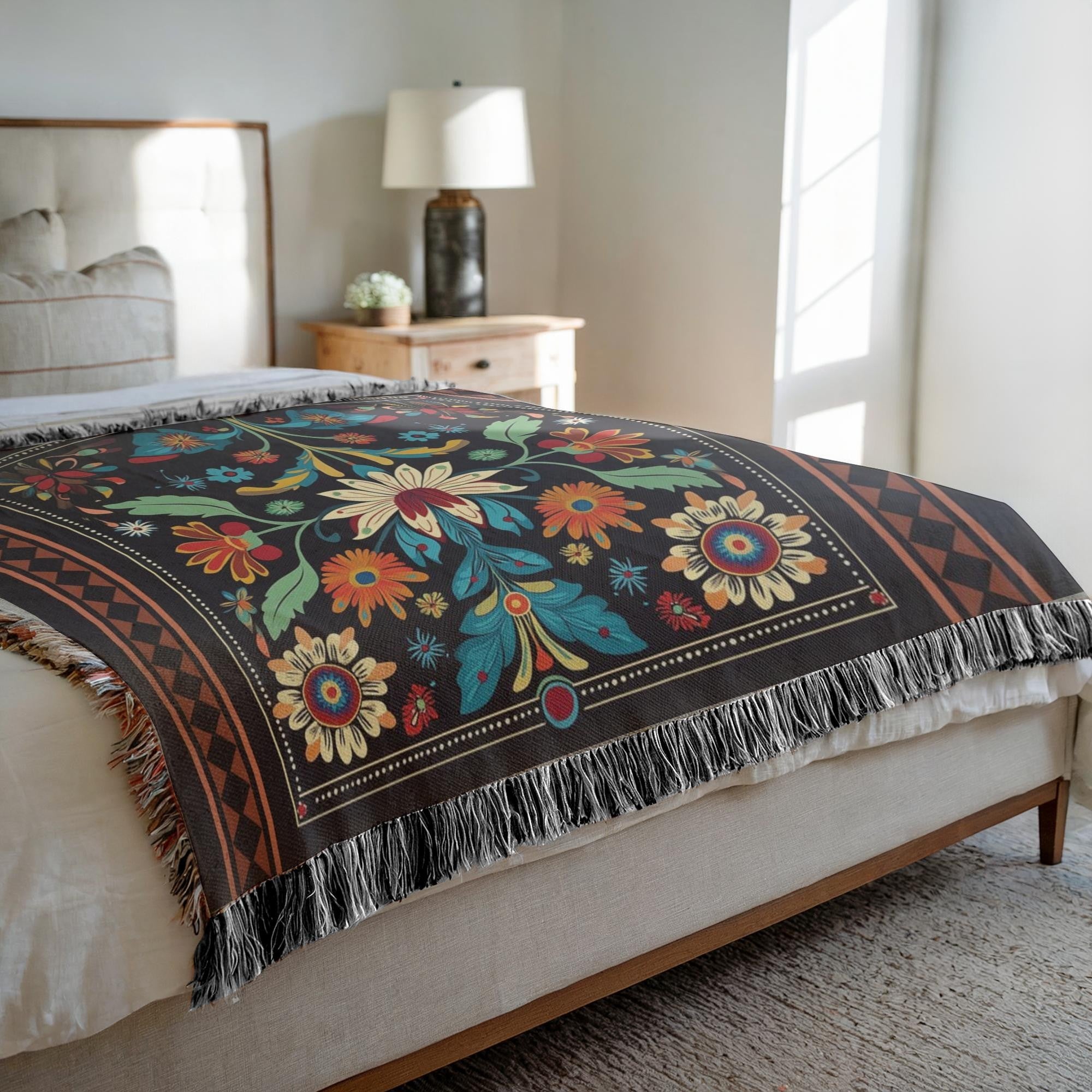 Kök Stüdyo woven cotton blend blanket with vibrant floral Chippewa art in red, yellow, blue, and green on black.