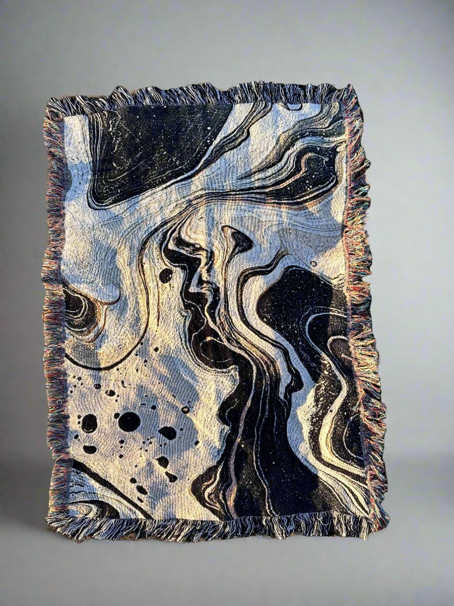 Kök Stüdyo abstract black and white Ebru marbling woven cotton throw blanket with fringe