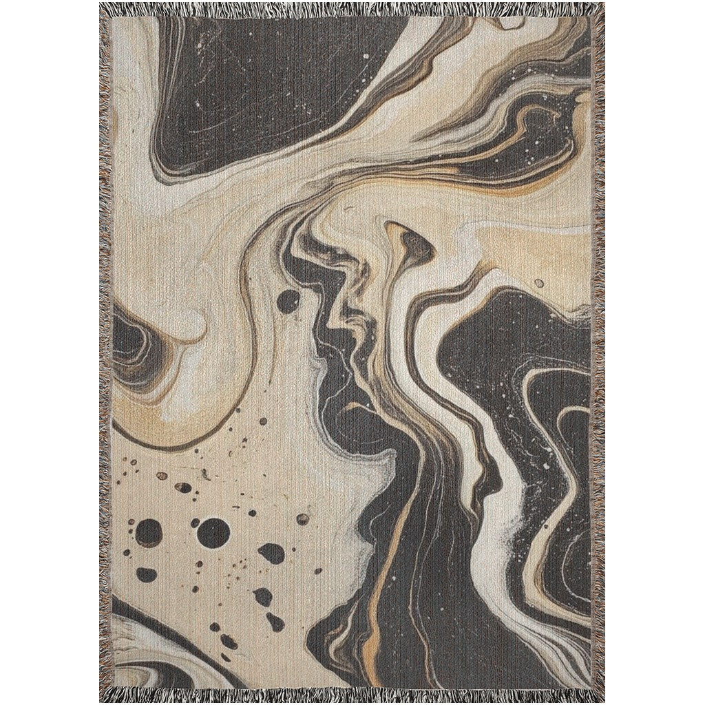 Kök Stüdyo abstract black and white Ebru marbling woven throw blanket, soft cotton tapestry with fluid patterns.