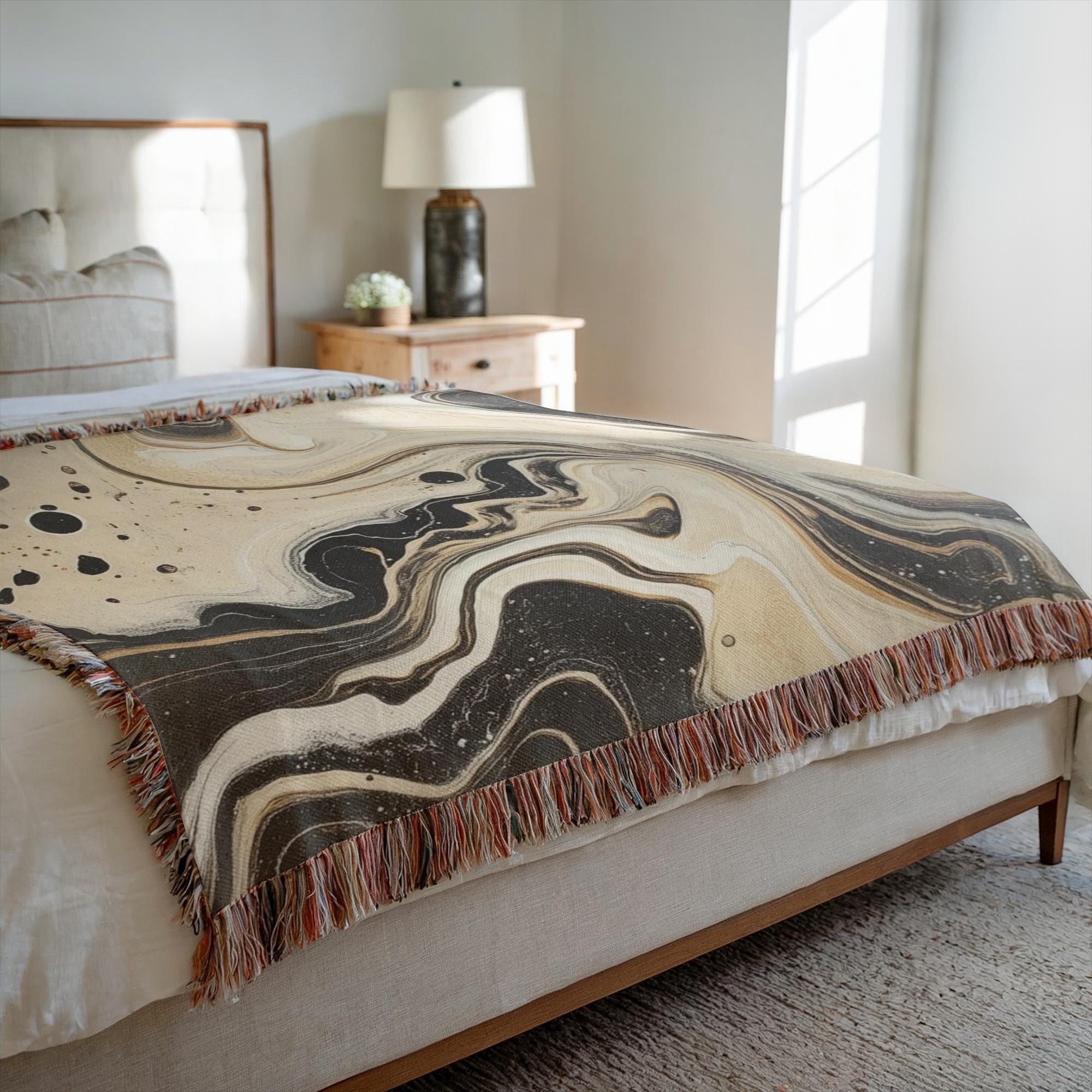 Kök Stüdyo abstract black and white Ebru marbling woven cotton throw blanket with fringe detail.