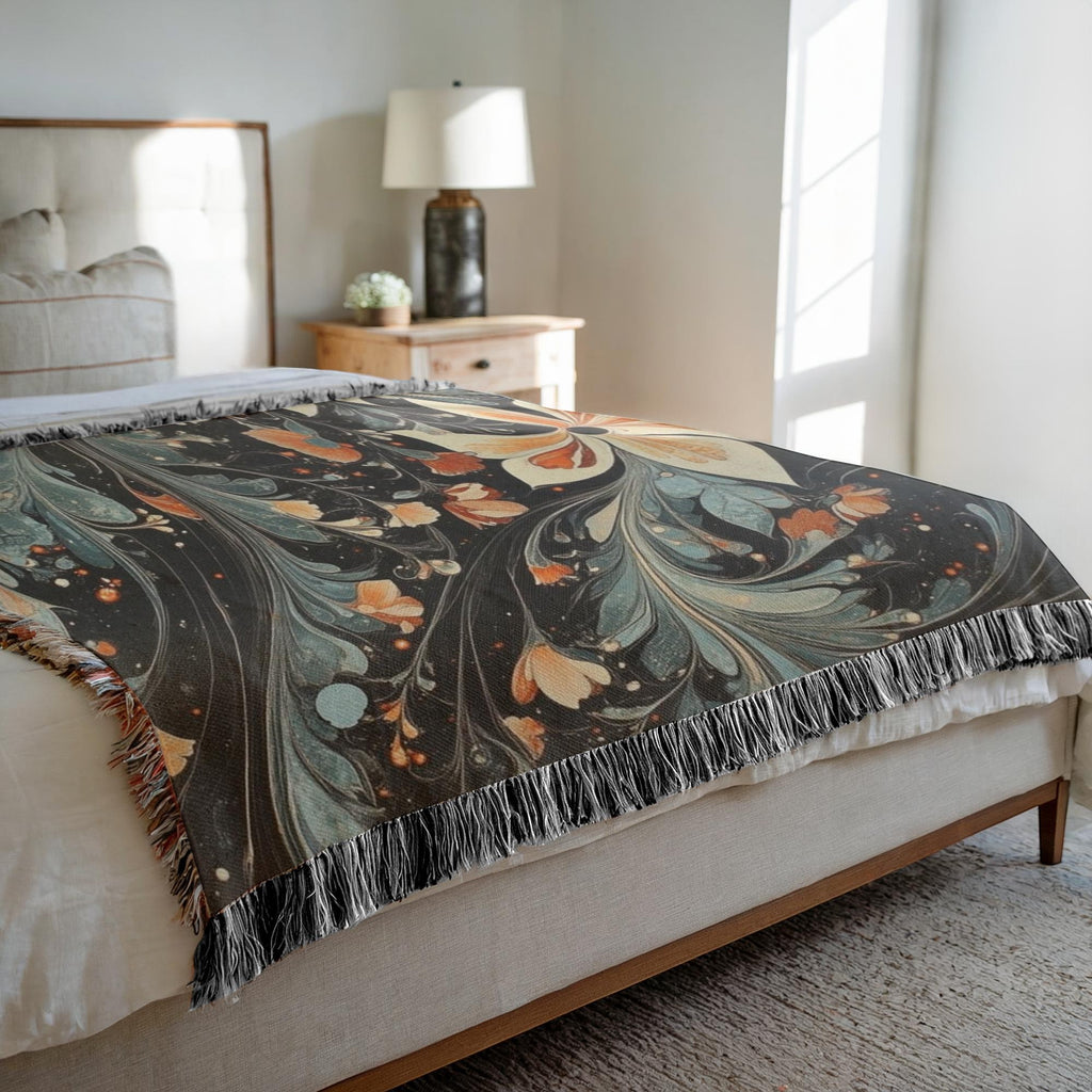 Kök Stüdyo Gothic Floral woven throw blanket in cotton, featuring a Turkish marbling design with floral motifs in dark grey, teal, and orange.