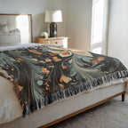 Kök Stüdyo Gothic Floral woven throw blanket in cotton, featuring a Turkish marbling design with floral motifs in dark grey, teal, and orange.