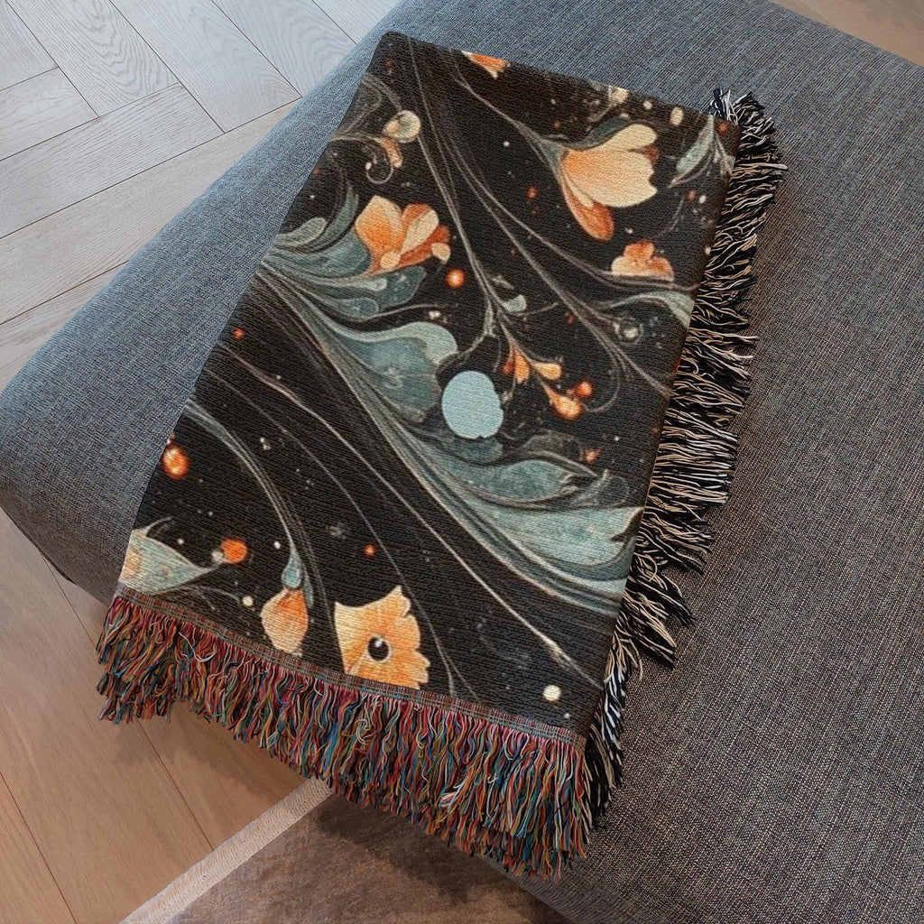Kök Stüdyo Gothic Floral woven throw blanket in cotton with Turkish marbling design and fringed edges.