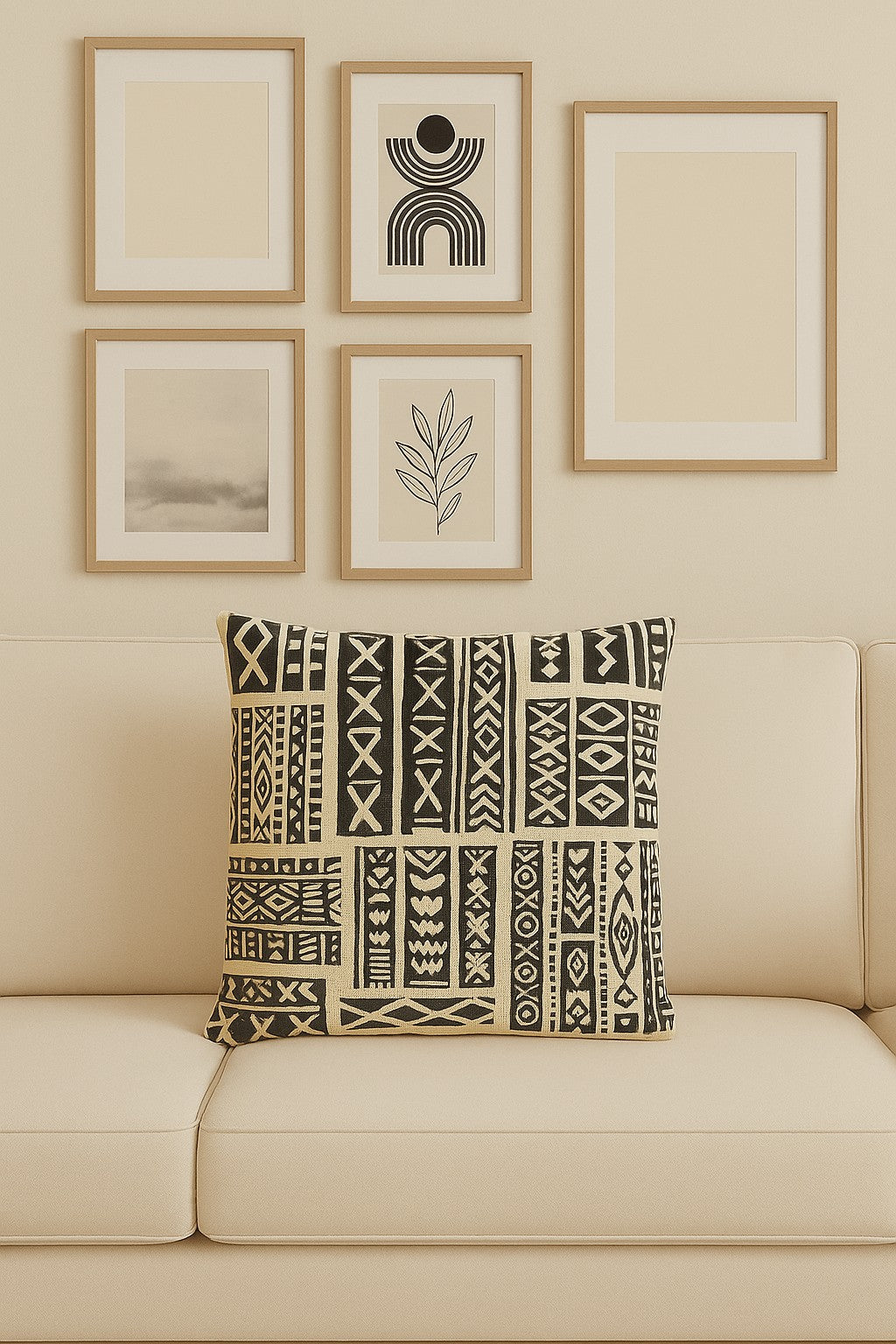 Kök Stüdyo African mud cloth inspired woven throw pillow with black and cream geometric patterns and tufted texture.