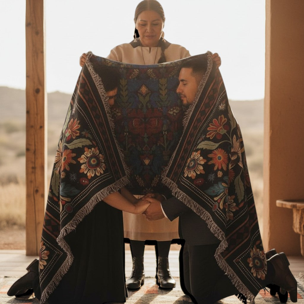 Kök Stüdyo woven blanket with Ojibwe-inspired floral art in red, yellow, blue, and green on black.
