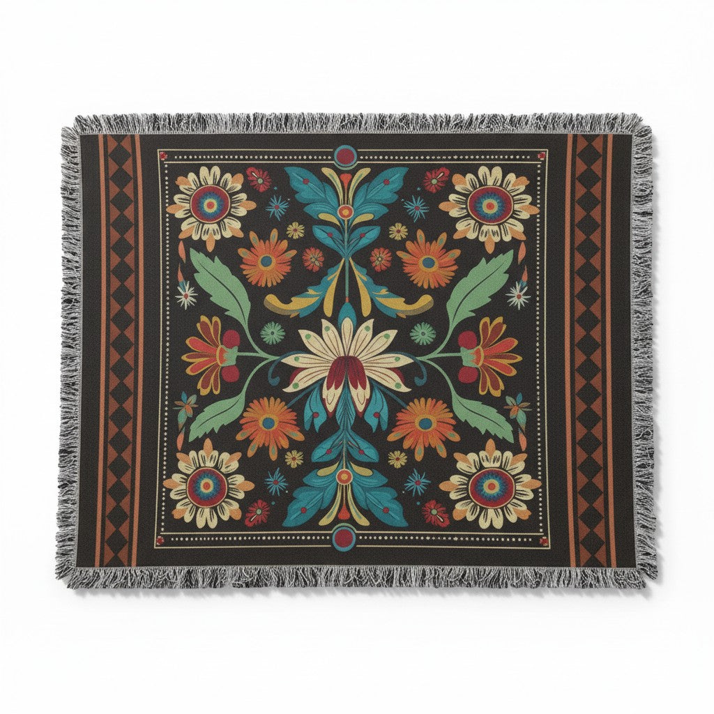 Kök Stüdyo woven blanket with Ojibwe-inspired floral art in red, yellow, blue, green on black. Cotton blend.
