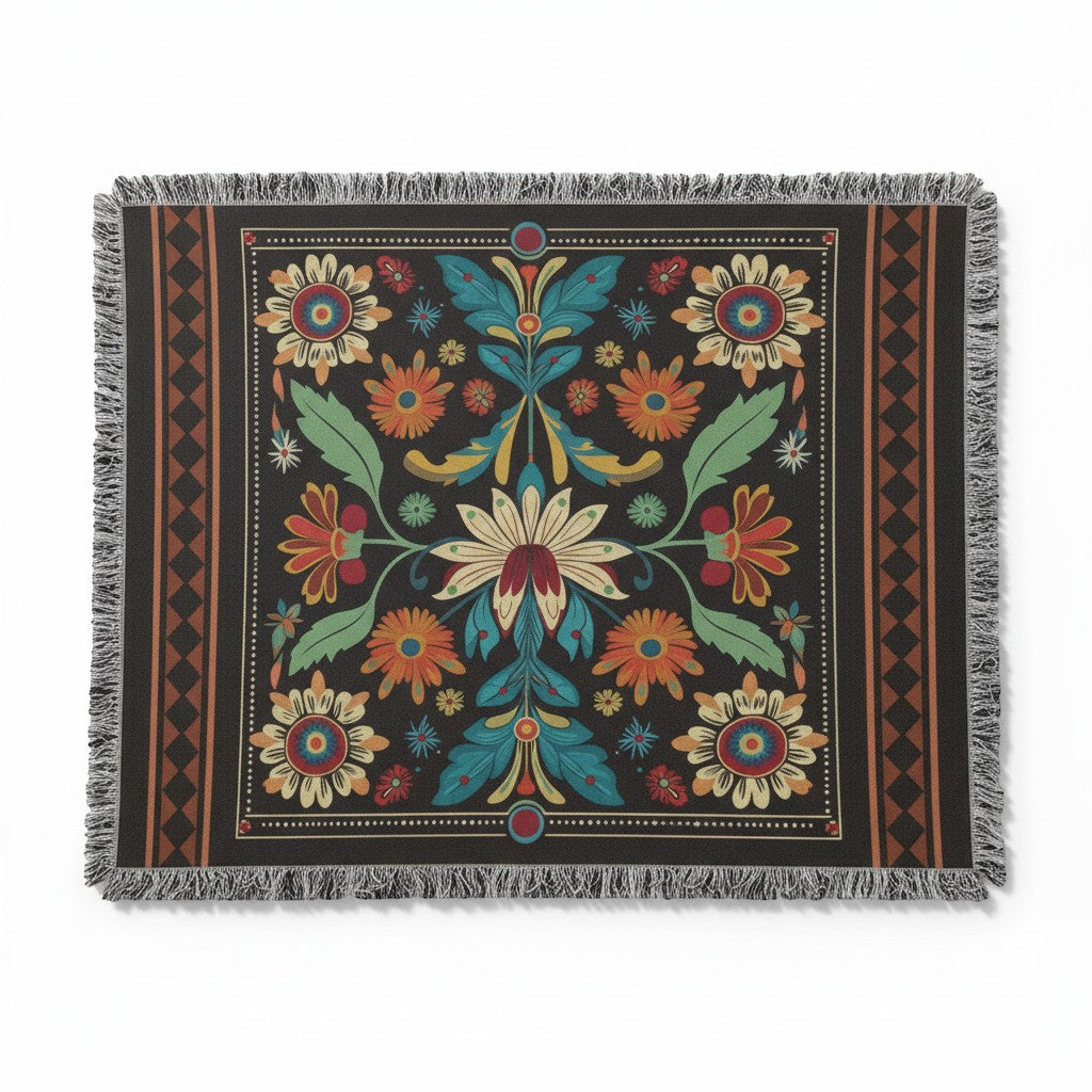 Kök Stüdyo woven blanket with Ojibwe-inspired floral art in red, yellow, blue, and green on black. Cotton blend.