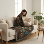 Kök Stüdyo woven blanket with vibrant floral art in reds, yellows, blues, and greens on a black background, draped over a woman reading on a sofa.