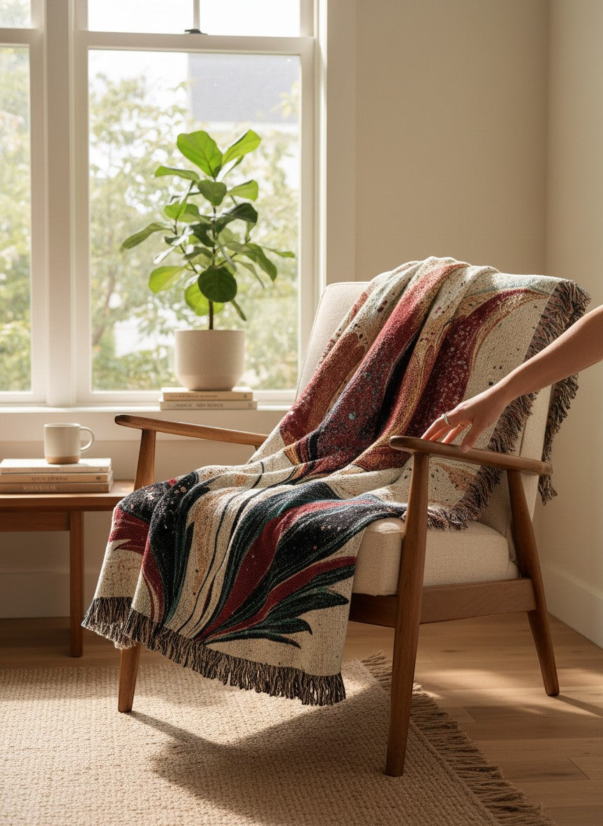Kök Stüdyo woven throw blanket with a traditional Turkish marbling tulip design in red, green, and beige on a cream background.