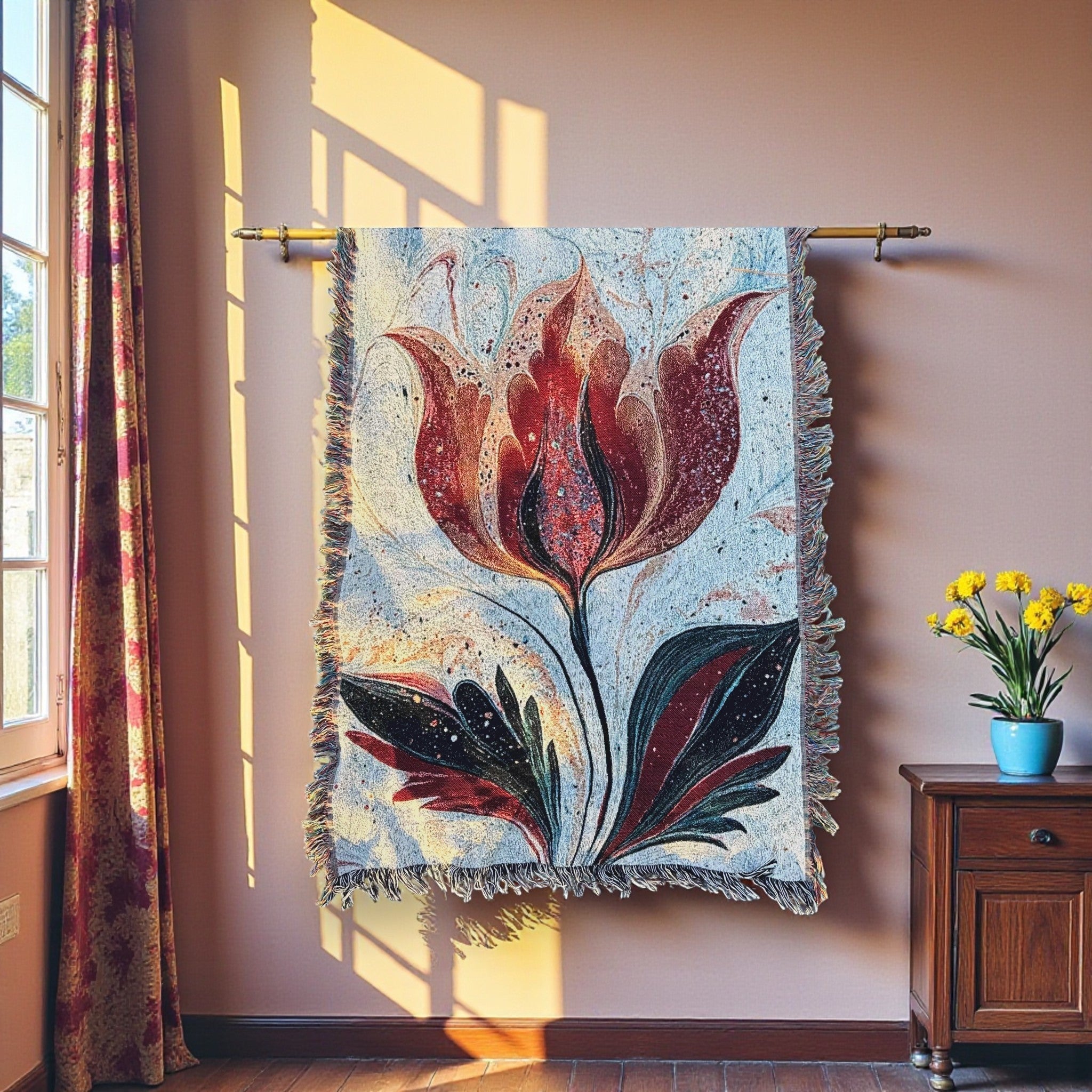 Kök Stüdyo traditional Turkish marbling tulip design woven throw blanket in red and white cotton.