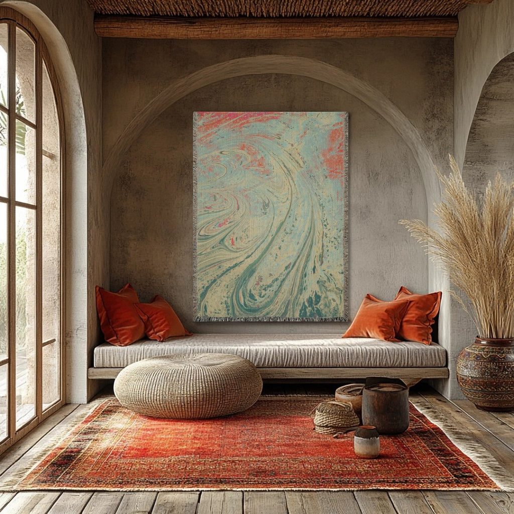 Kök Stüdyo abstract pastel Turkish marbling woven cotton blanket with swirling blue and pink patterns, displayed on a wall.