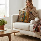 Kök Stüdyo African Ndelebe pattern woven throw pillow with cotton-polyester blend tapestry fabric in earthy tones.