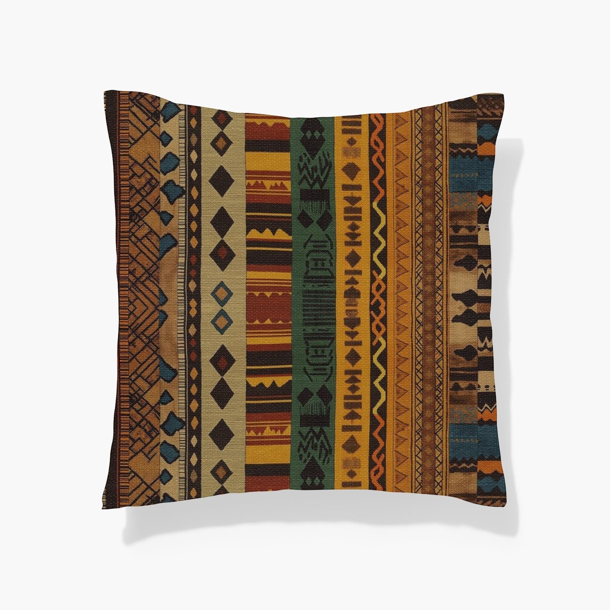 Kök Stüdyo African Ndelebe pattern woven throw pillow with geometric designs in earth tones, green, and blue. 58% cotton, 42% polyester tapestry fabric.