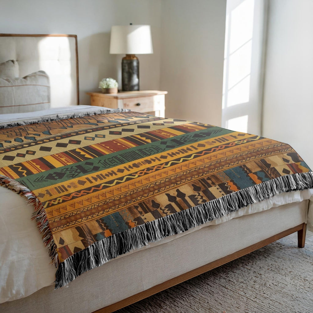 Kök Stüdyo Ndebele-inspired woven throw blanket with geometric patterns in yellow, green, and brown. Cotton blend.