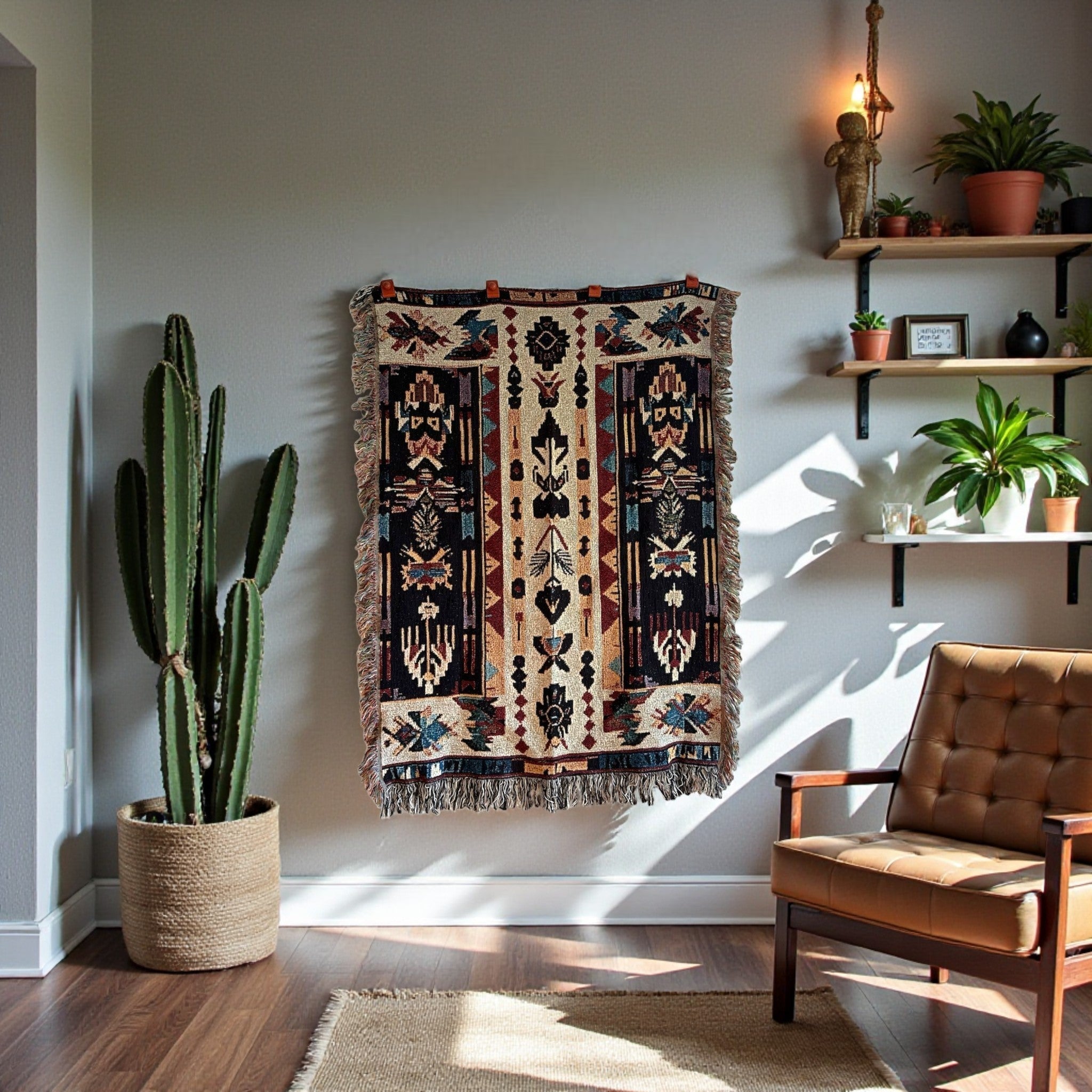 Kök Stüdyo Seminoles woven throw blanket with Native American geometric patterns in cream, black, red, gold, and turquoise.