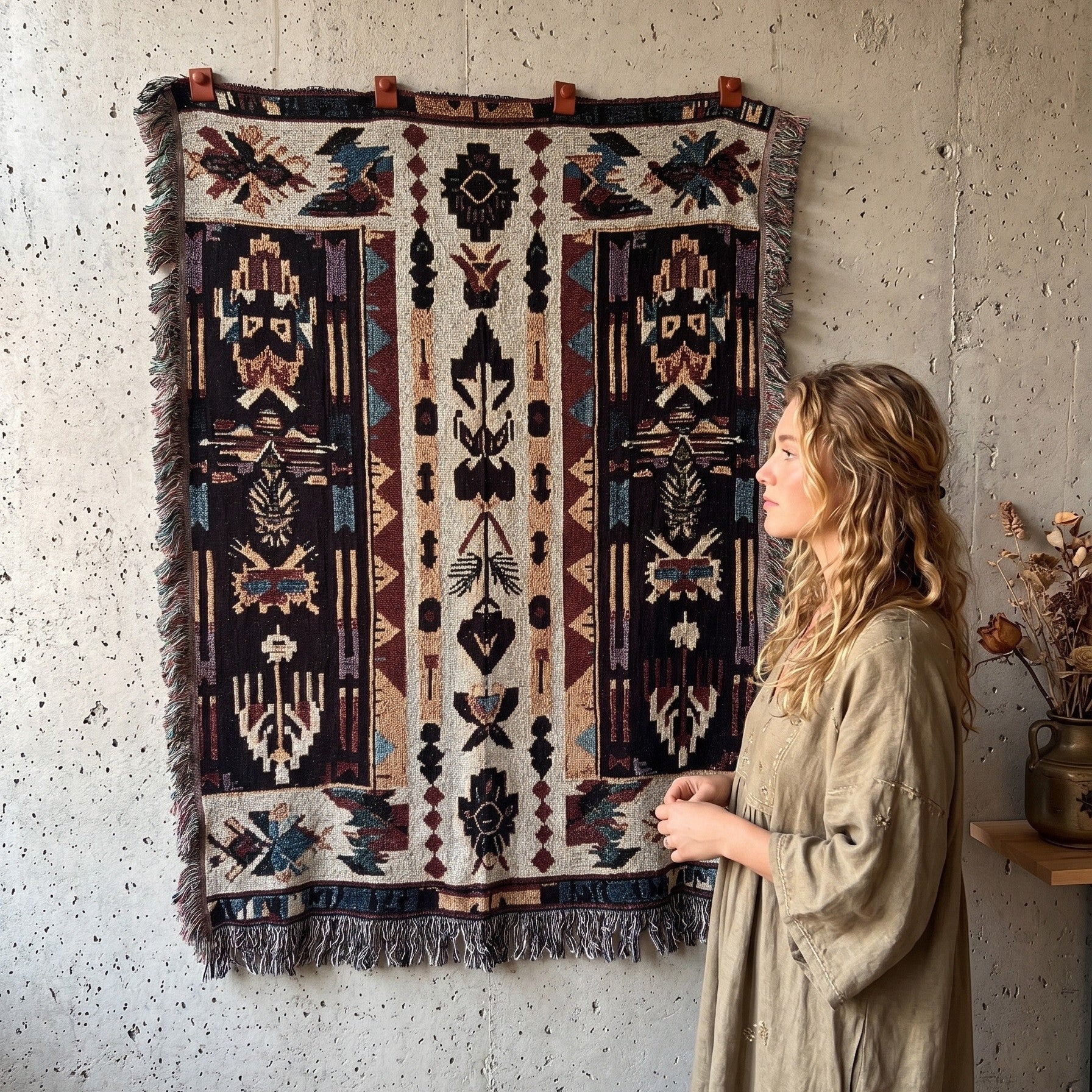 Kök Stüdyo Seminoles woven throw blanket with Native American geometric patterns in cream, black, red, gold, and turquoise. Pure cotton jacquard.