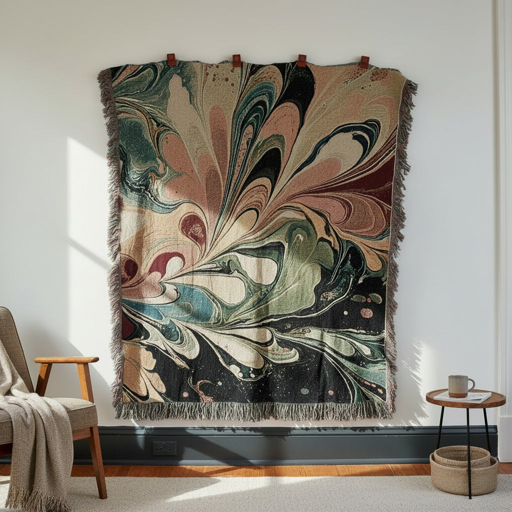 Peacock - Woven Blankets - Traditional Turkish Marbling Design - Pure Cotton